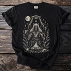 Black t-shirt with a warrior bear and roaring bear moon, skulls, and fire.