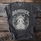 Charcoal t-shirt with white "Banshee irish celtic ghost folklore" graphic.