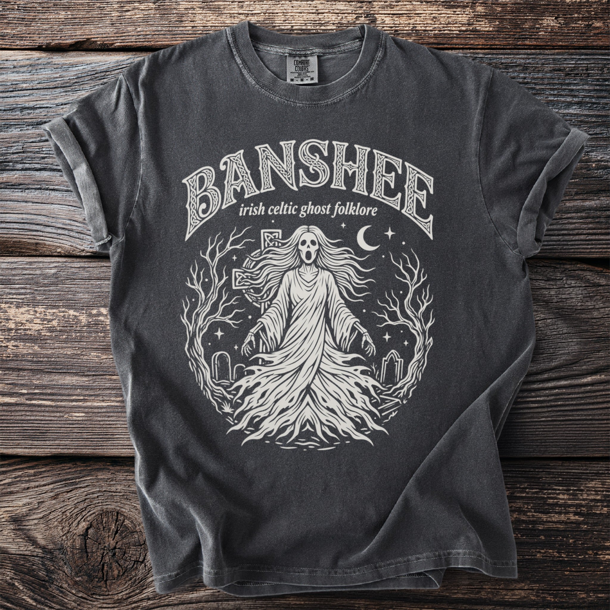 Charcoal t-shirt with white "Banshee irish celtic ghost folklore" graphic.
