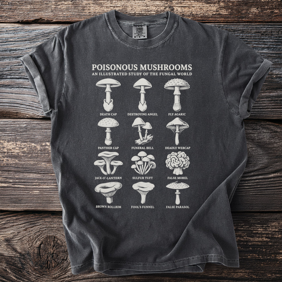 T-shirt with illustrations and names of poisonous mushrooms.