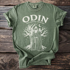 Green t-shirt with Odin, norse mythology allfather god, and tree graphic.