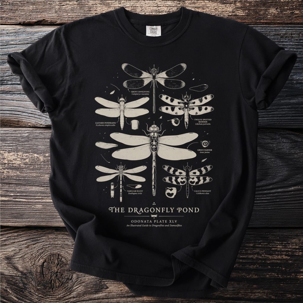 Black t-shirt with a scientific illustration of multiple dragonflies titled "The Dragonfly Pond".