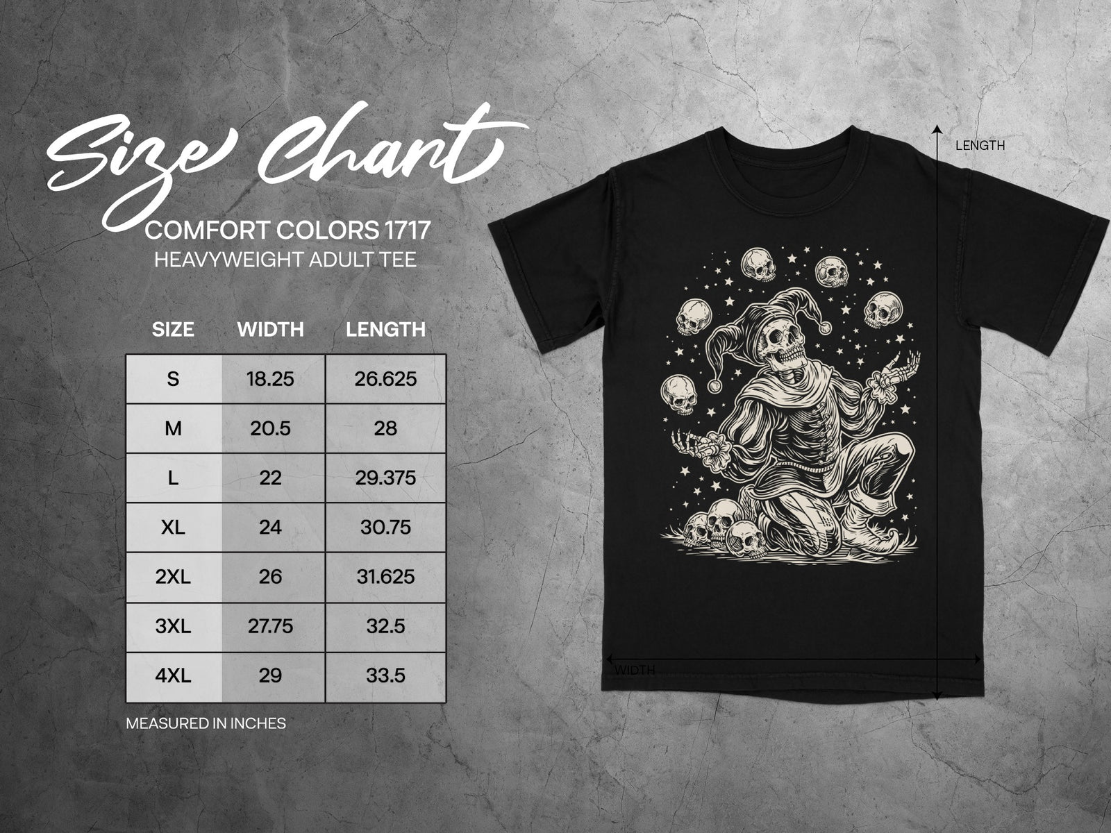 Comfort Colors 1717 adult t-shirt size chart with width and length measurements.