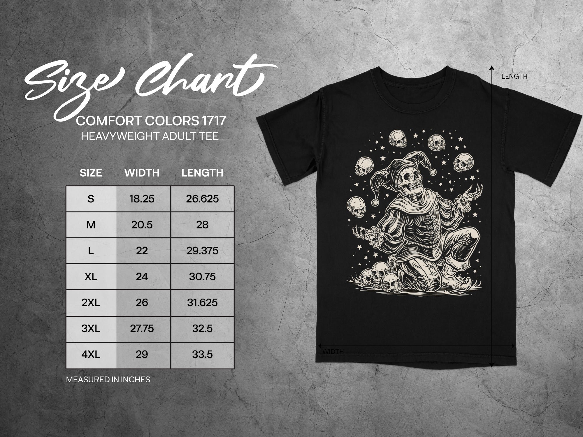 Comfort Colors 1717 adult t-shirt size chart with width and length measurements.