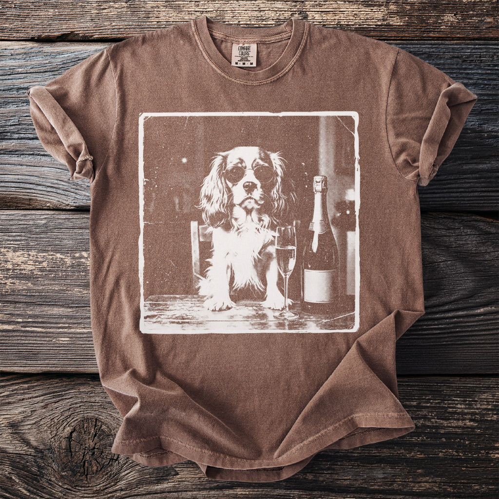 Brown t-shirt with a graphic of a dog wearing sunglasses and a champagne bottle.