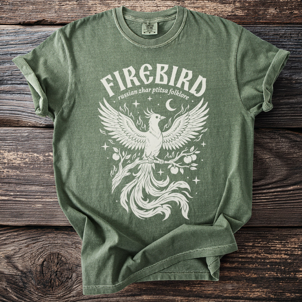 Green t-shirt with white 'Firebird russian zhar ptitsa folklore' graphic featuring a phoenix.