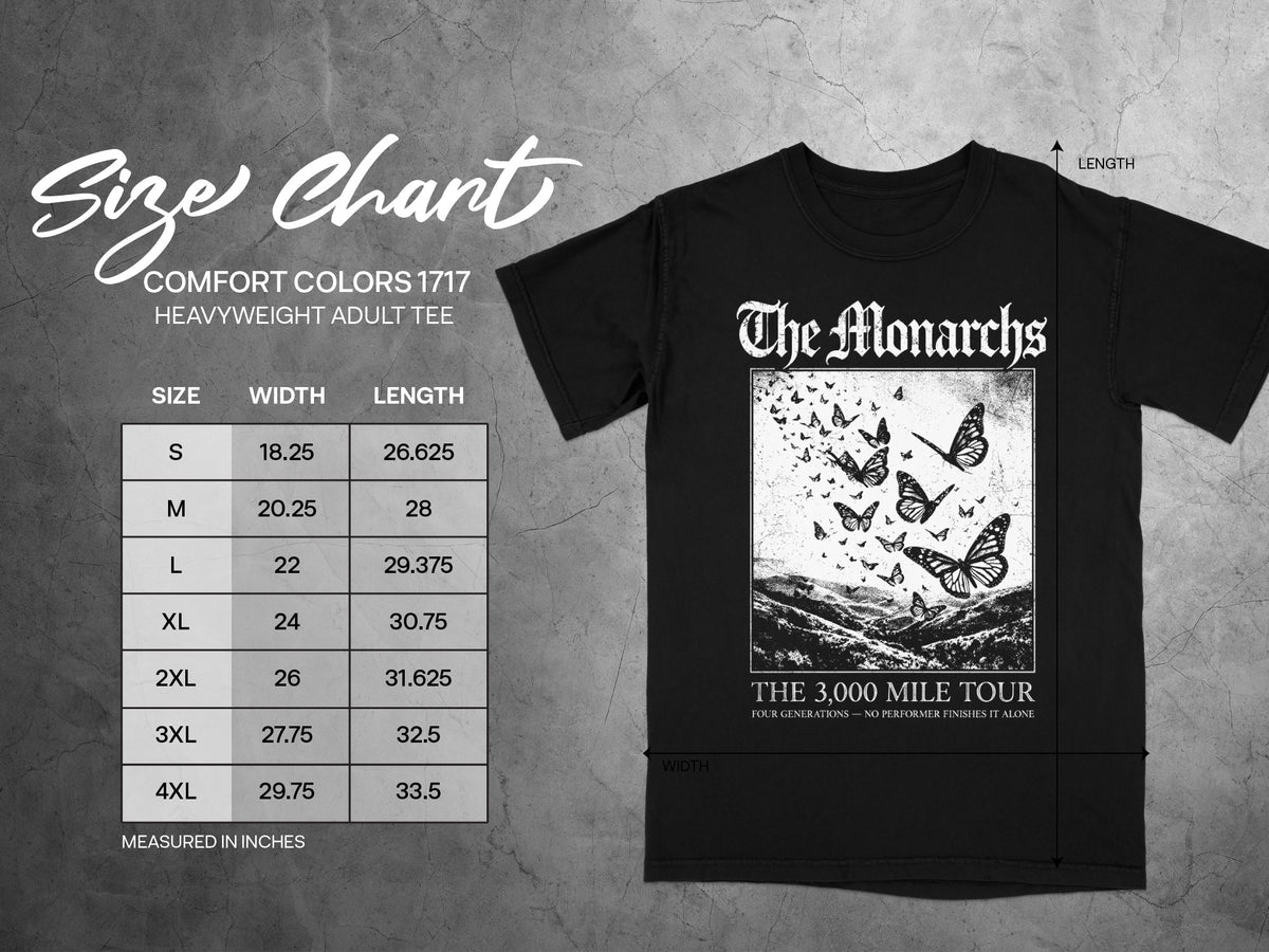Comfort Colors 1717 heavyweight adult tee size chart with chest print.