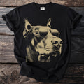 Black t-shirt with a gold line art illustration of a Doberman wearing sunglasses.