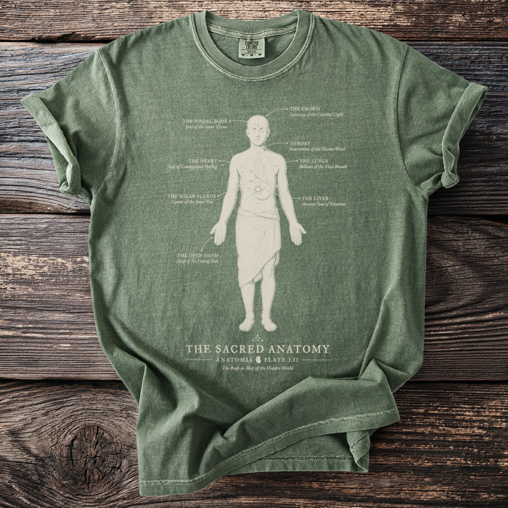 Green t-shirt with "The Sacred Anatomy" graphic detailing human body parts and their meanings.