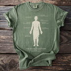 Green t-shirt with "The Sacred Anatomy" graphic detailing human body parts and their meanings.