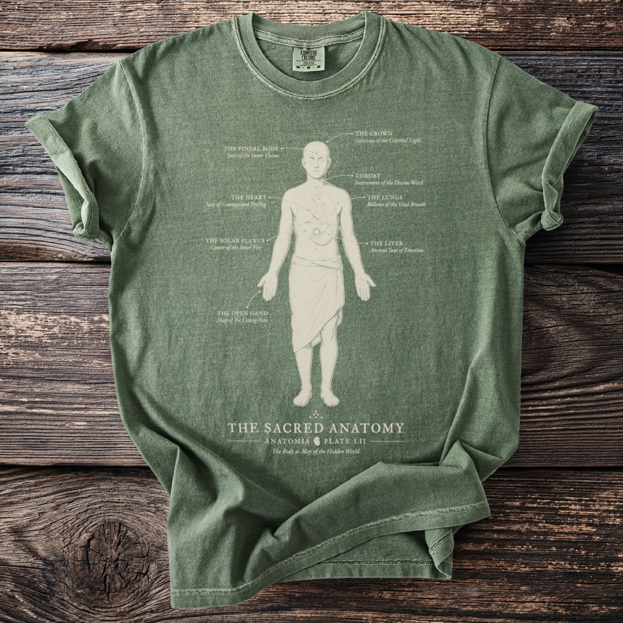 Green t-shirt with "The Sacred Anatomy" graphic detailing human body parts and their meanings.