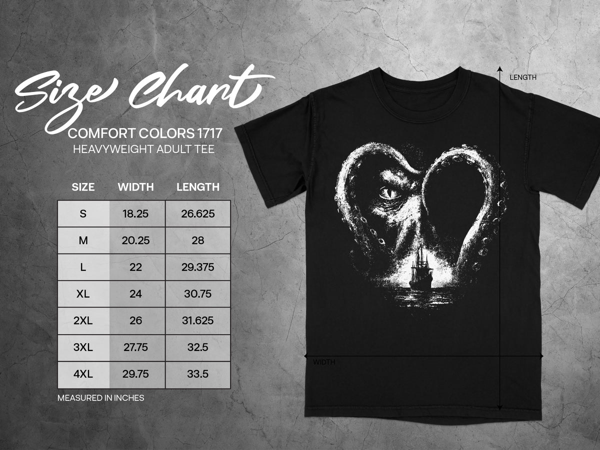 Comfort Colors 1717 heavyweight adult tee size chart with width and length measurements in inches.