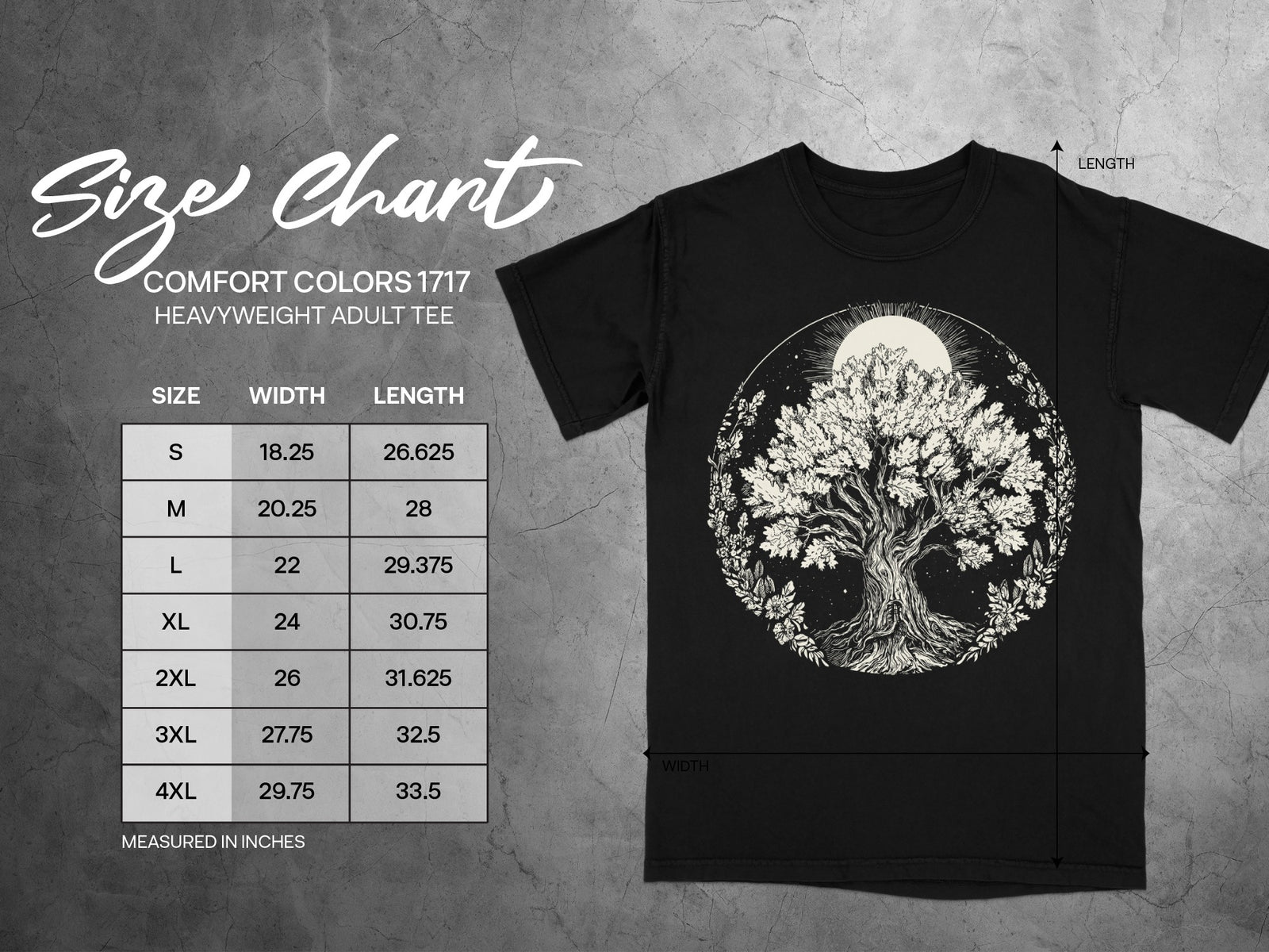 Comfort Colors 1717 adult tee size chart with width and length measurements in inches.