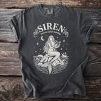 Dark grey t-shirt with a white siren playing a lyre on rocks, text "SIREN greek sea nymph mythology".