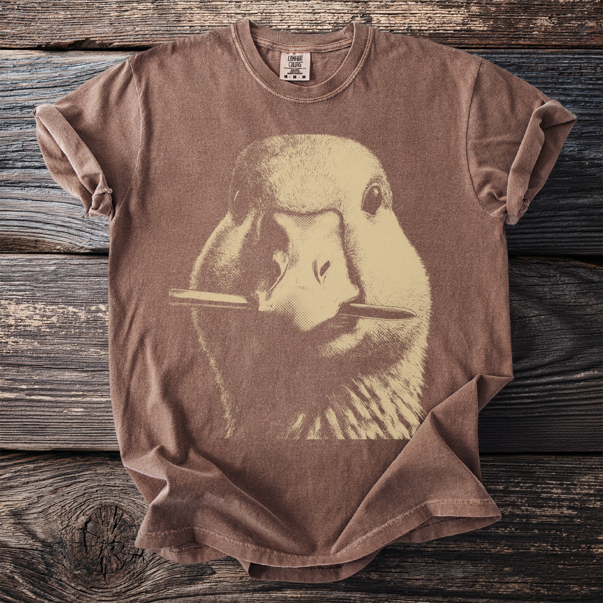 Brown t-shirt with a sepia-toned graphic of a duck holding a pencil in its beak.
