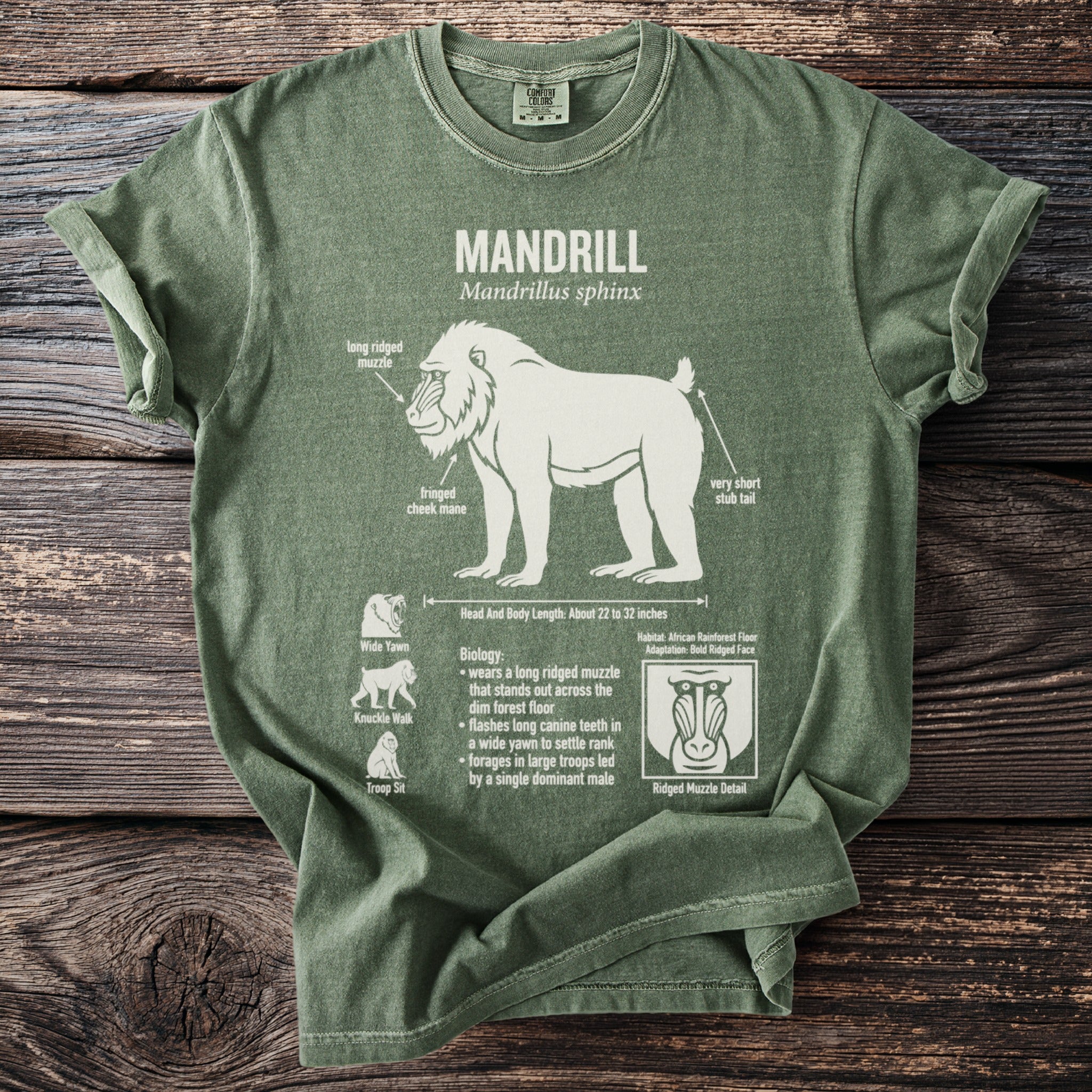 Green t-shirt with a white illustration and text detailing a mandrill.