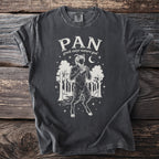 Dark gray t-shirt with white graphic of Pan playing pipes, trees, and moon.