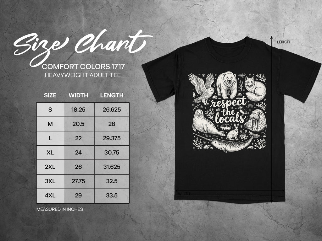 Comfort Colors 1717 T-shirt size chart with dimensions and arctic wildlife graphic.