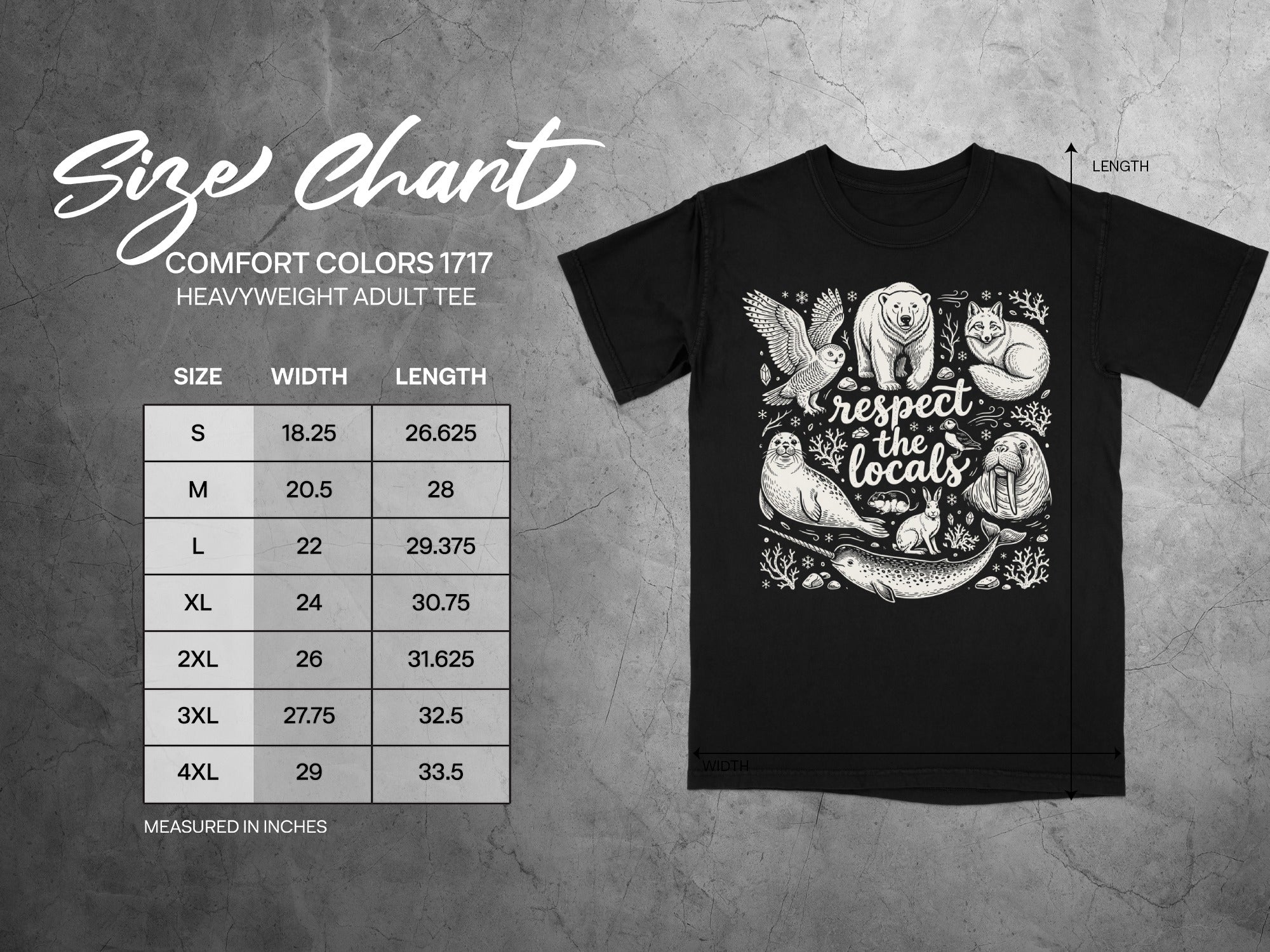 Comfort Colors 1717 T-shirt size chart with dimensions and arctic wildlife graphic.