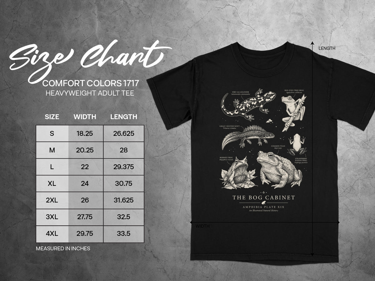 Comfort Colors 1717 size chart for heavyweight adult tee with amphibian illustrations.