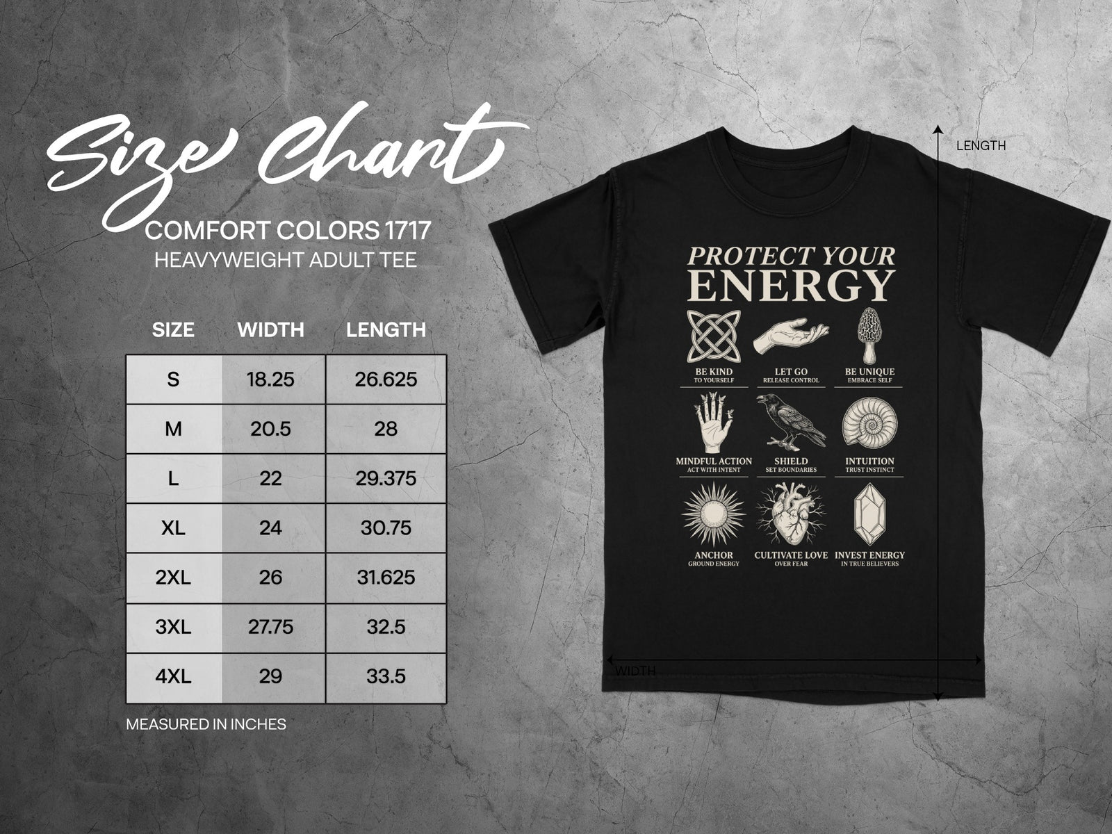 Comfort Colors 1717 heavyweight adult tee size chart with width and length measurements.