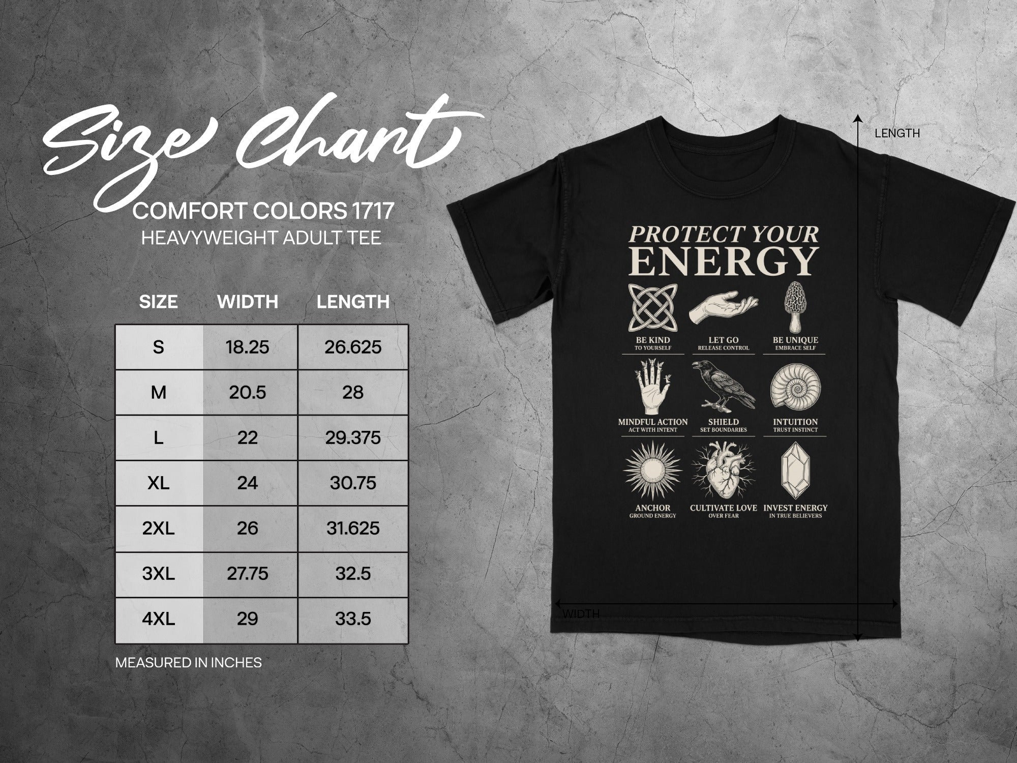 Comfort Colors 1717 heavyweight adult tee size chart with width and length measurements.