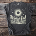 Dark gray t-shirt with a celestial Stonehenge graphic.
