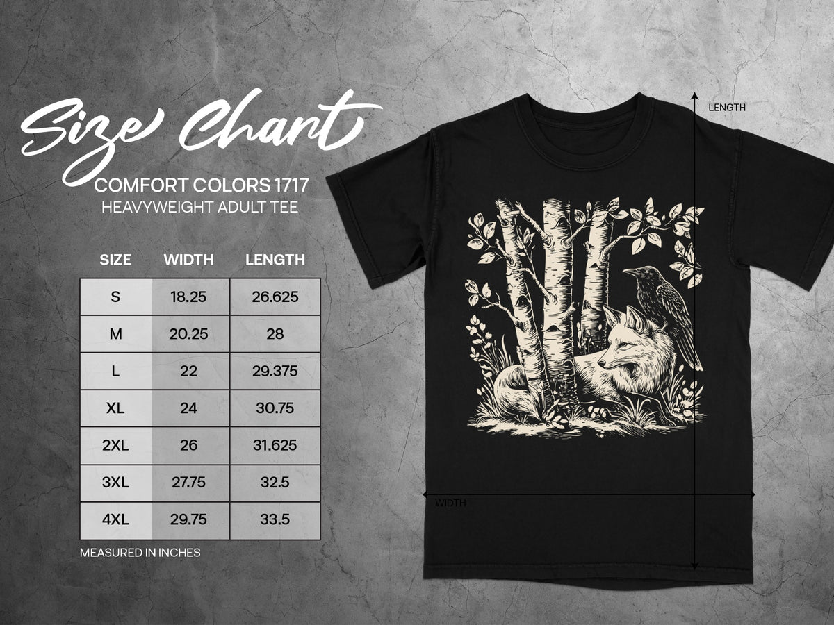 Comfort Colors 1717 heavyweight adult tee size chart with fox and crow graphic.