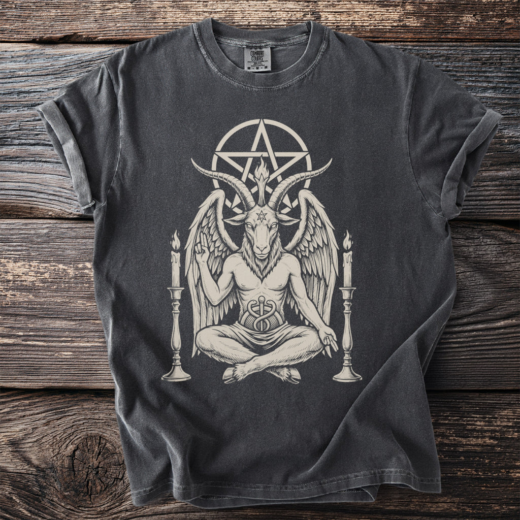 T-shirt with a Baphomet illustration and pentagram design.