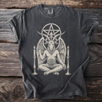T-shirt with a Baphomet illustration and pentagram design.