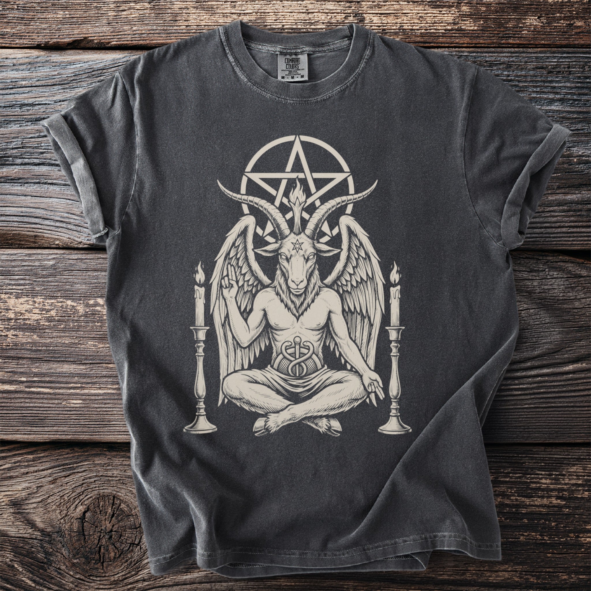 T-shirt with a Baphomet illustration and pentagram design.