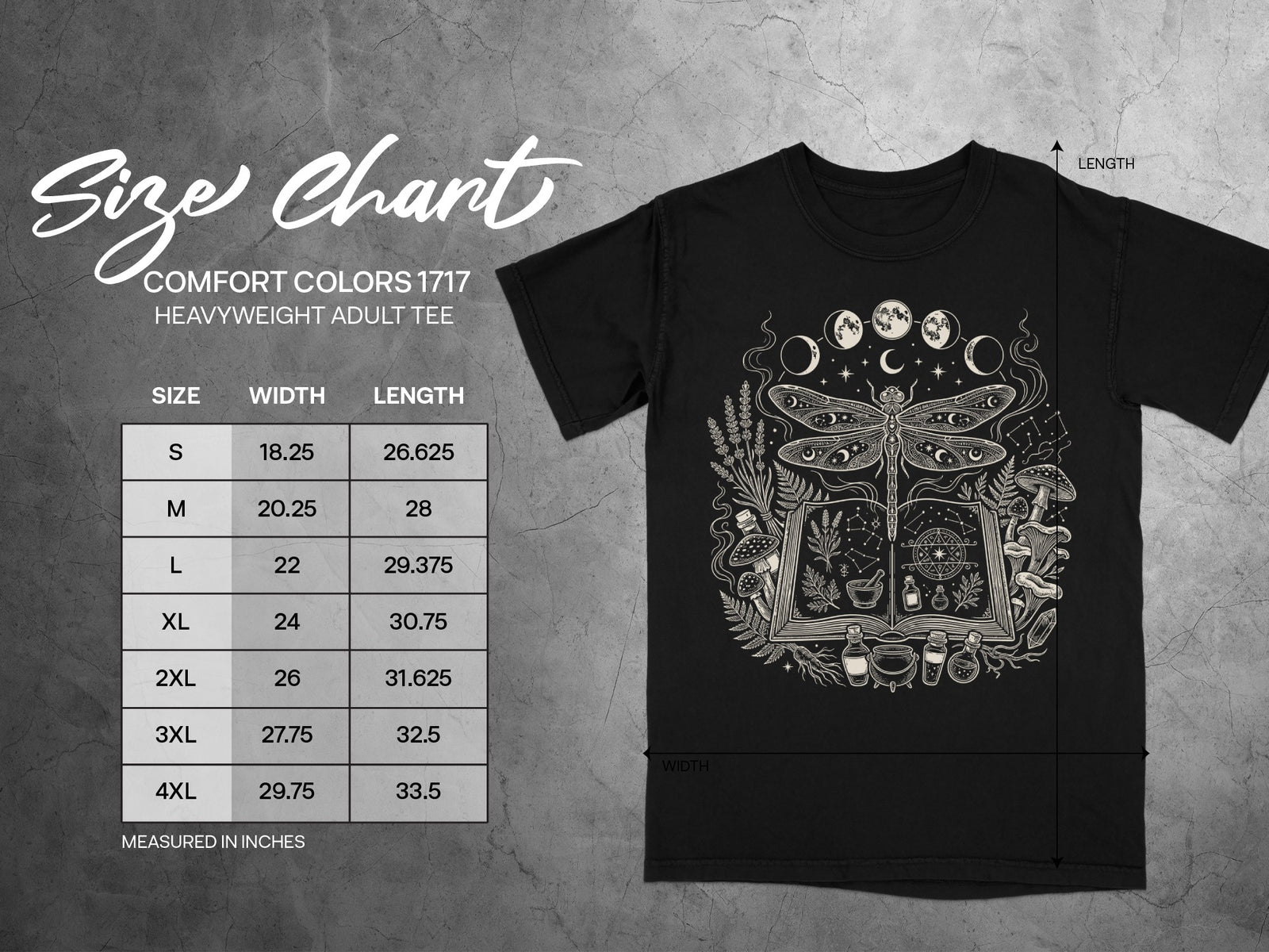 Comfort Colors 1717 heavyweight adult tee size chart showing width and length measurements.