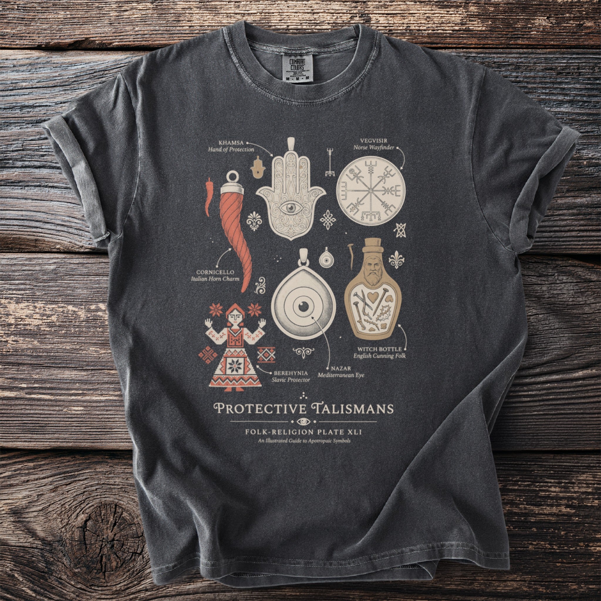 Dark grey t-shirt with graphic of protective talismans and their names like Khamsa, Vegvísir, Witch Bottle.
