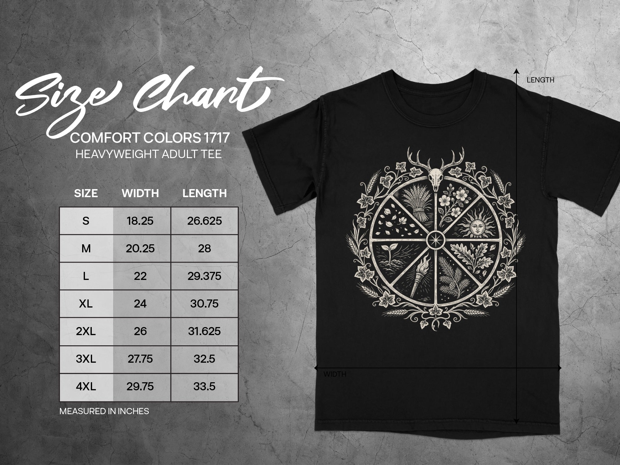 Comfort Colors 1717 heavyweight adult tee size chart with width and length measurements.