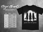 Black t-shirt with full moon and three witches graphic, text "girls will be girls", size chart included.
