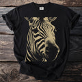 Black t-shirt with a gold and black minimalist zebra face graphic.