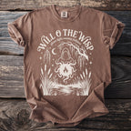 Brown t-shirt with "Will O The Wisp ghost light swamp folklore" graphic.