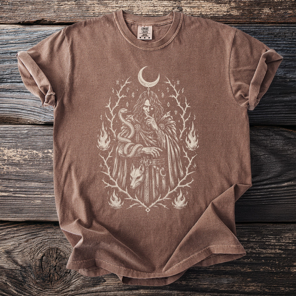 Brown t-shirt with occult-themed graphic of a mystical figure, snake, and fox.