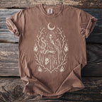 Brown t-shirt with occult-themed graphic of a mystical figure, snake, and fox.