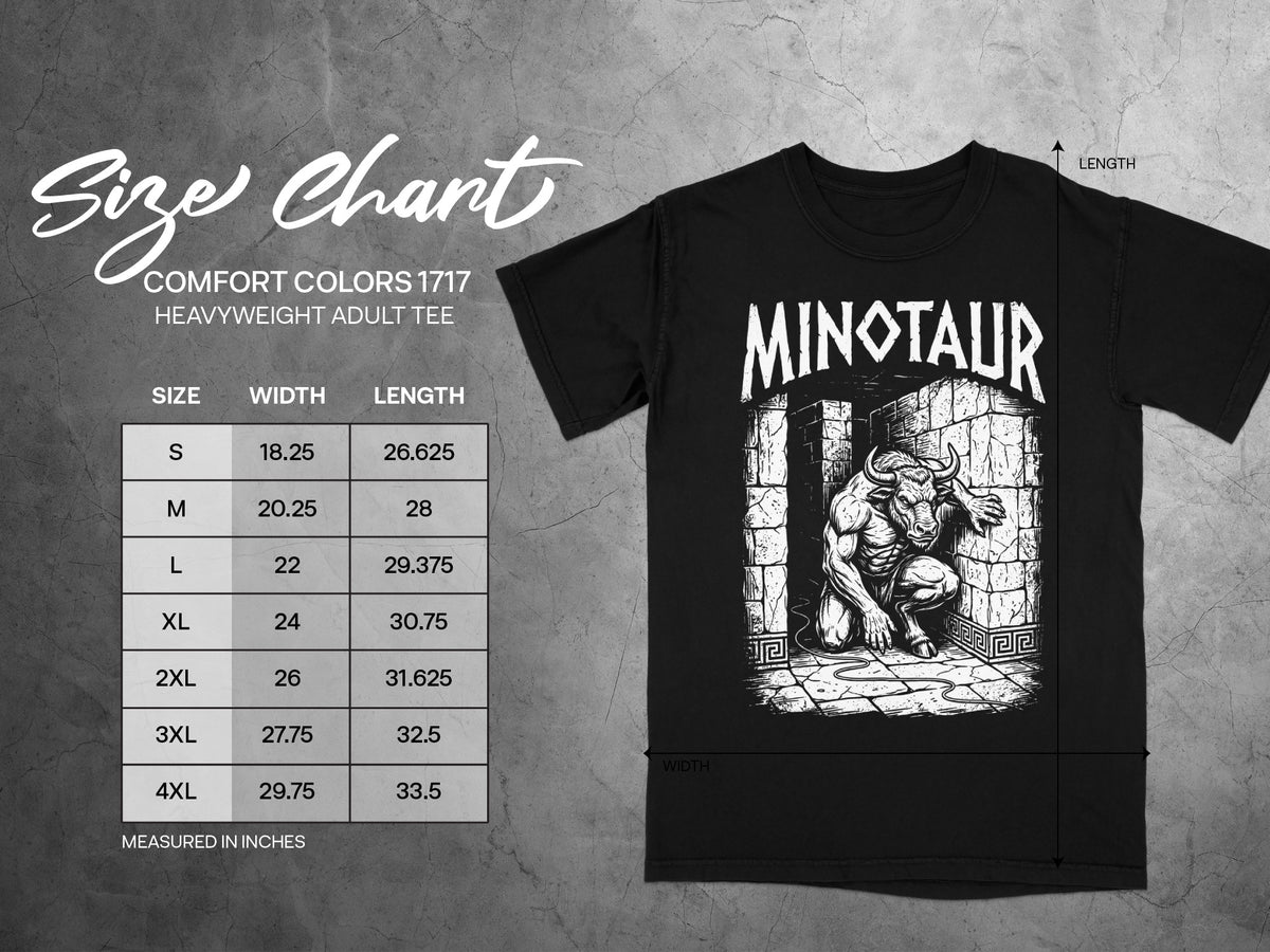 Comfort Colors 1717 heavyweight adult tee size chart with Minotaur graphic.