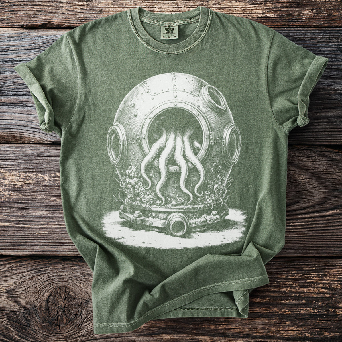 Green t-shirt with white print of vintage diving helmet and tentacles.