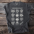 Dark t-shirt with white illustrations of various carnivorous plants and their names.