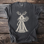 Dark gray t-shirt with a stylized cream graphic of a antlered female deity holding a sun symbol.