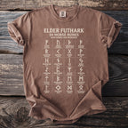 Brown t-shirt with Elder Futhark 24 Norse runes, names, and meanings.