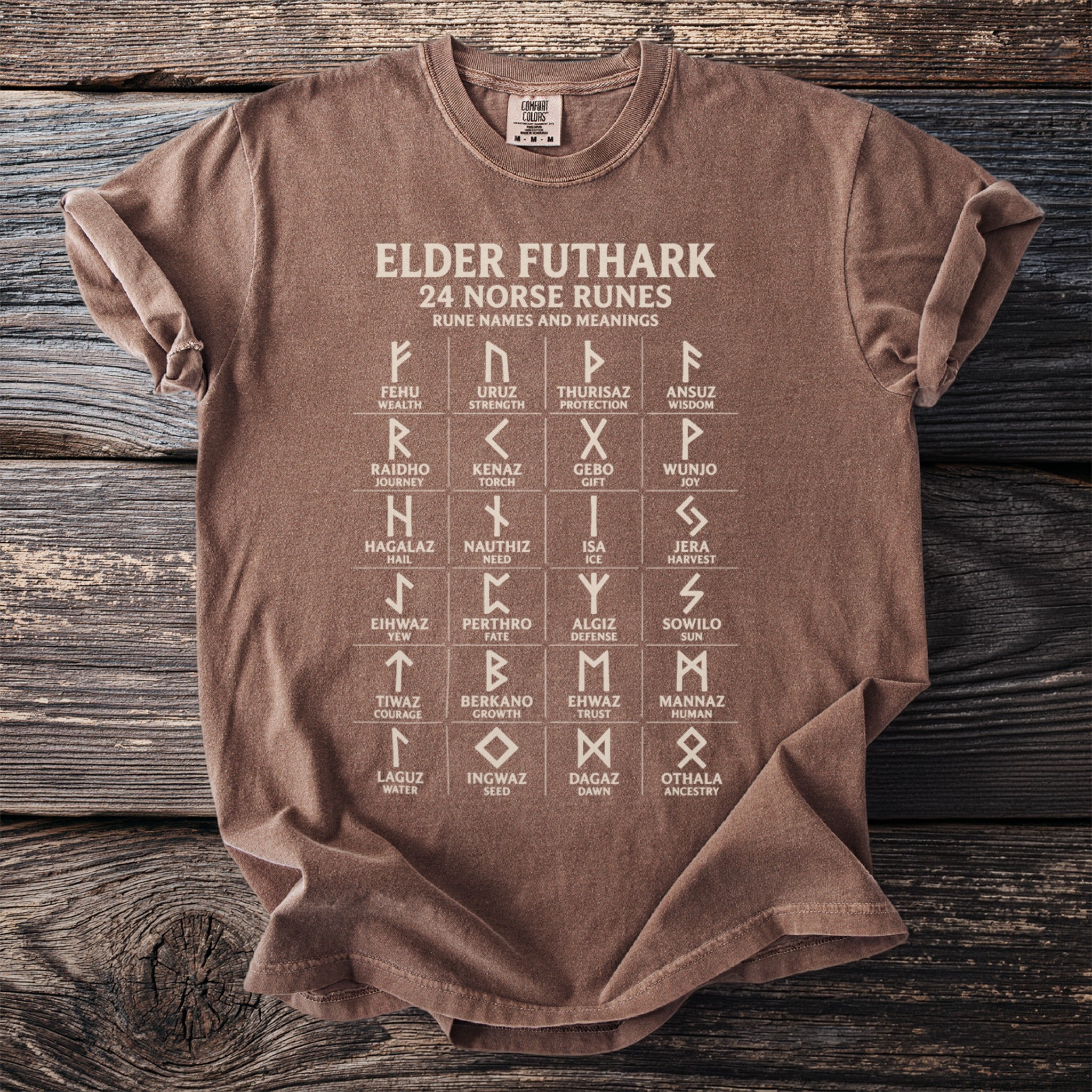 Brown t-shirt with Elder Futhark 24 Norse runes, names, and meanings.