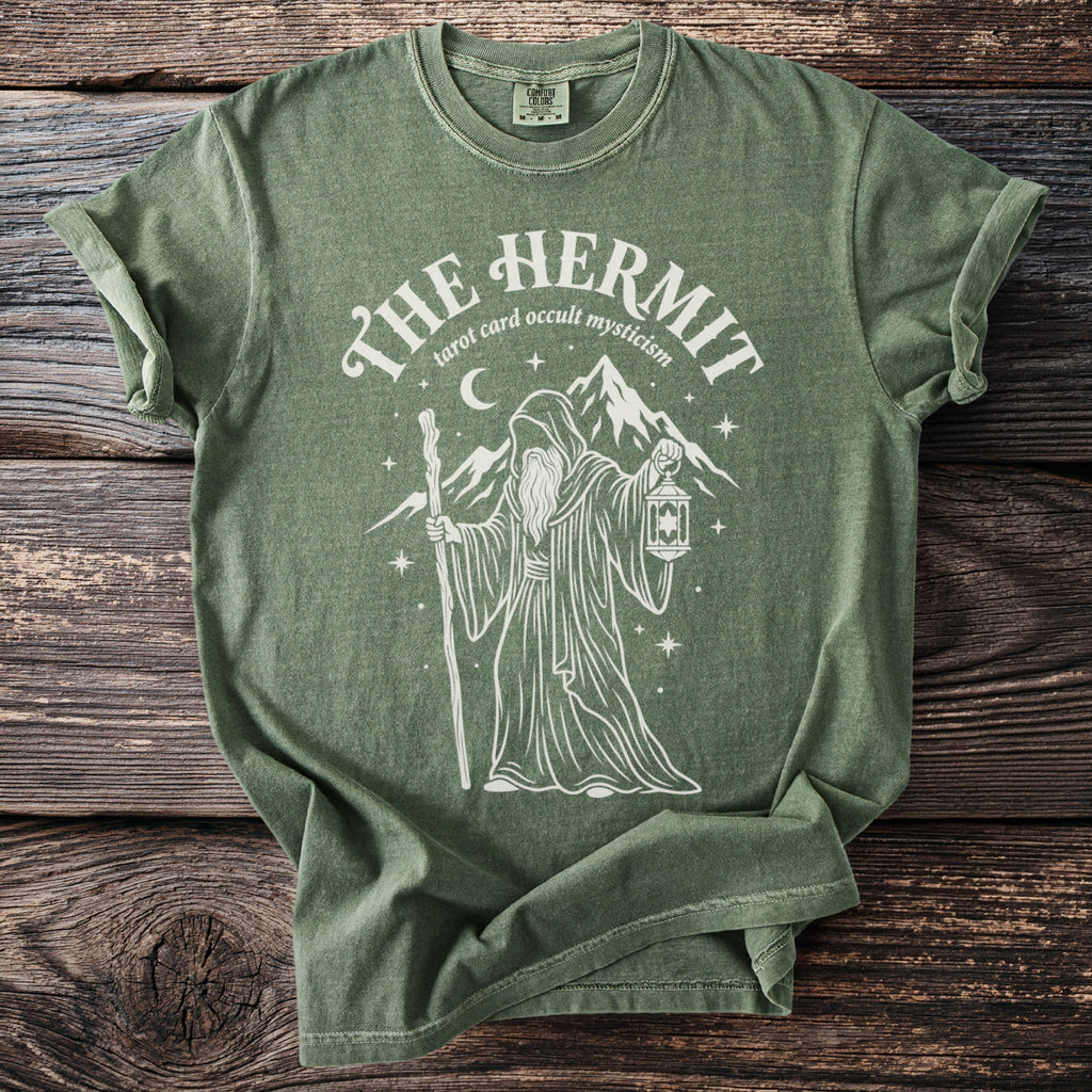 Green t-shirt with The Hermit tarot card occult mysticism graphic.