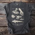 Dark gray t-shirt featuring a scientific illustration of deep-sea creatures.
