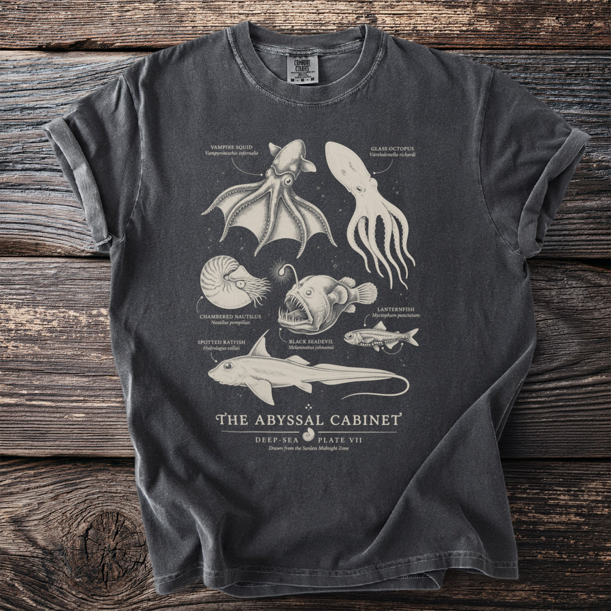Dark gray t-shirt featuring a scientific illustration of deep-sea creatures.