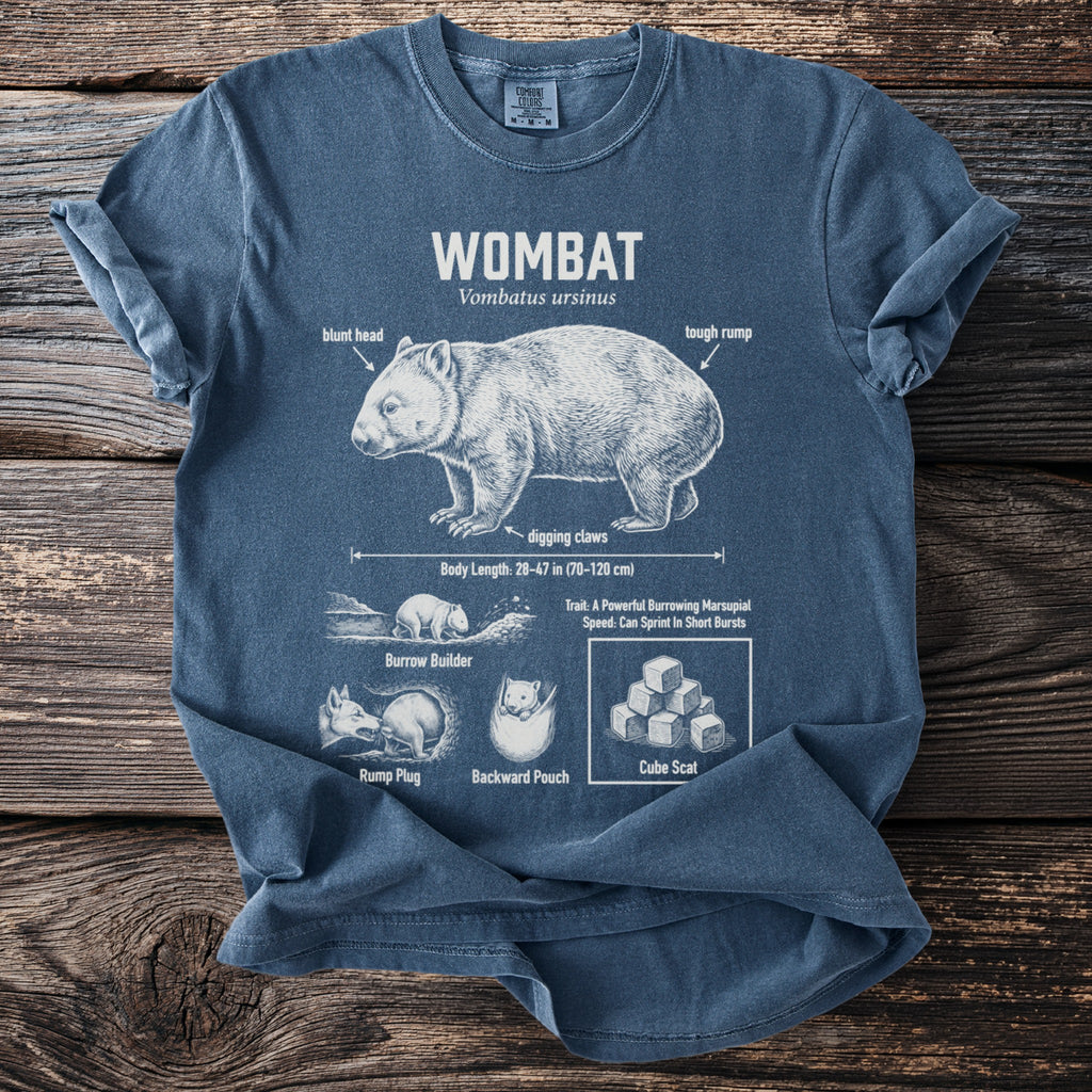 Blue t-shirt with a scientific diagram of a wombat and its features.
