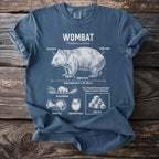 Blue t-shirt with a scientific diagram of a wombat and its features.